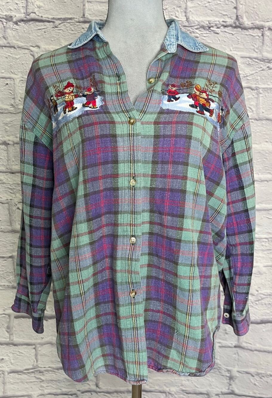 Vintage 90's Xquzzit Plaid Flannel Button Up w/ Denim Collar & Applique Bears